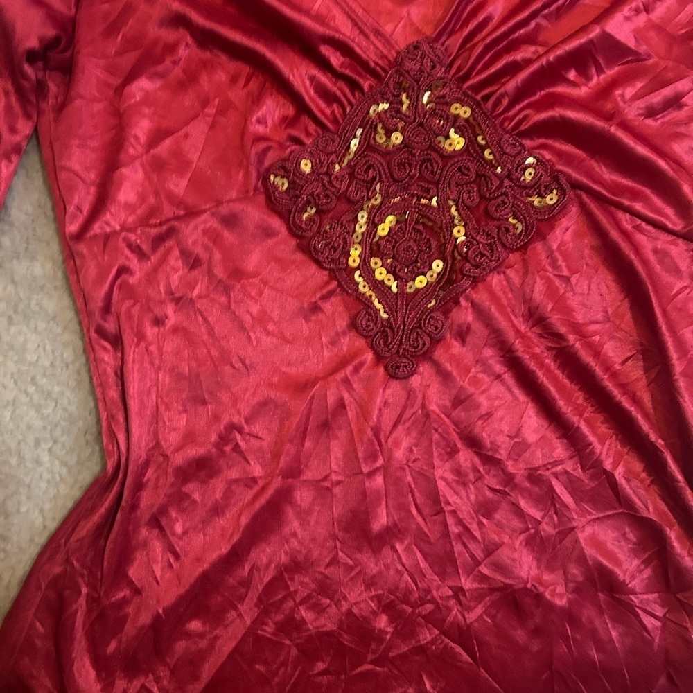 90’s Mikk Couture Elegant Satin Red Long Sleeve Wrap Bust Top Sequin - Picture 6 of 8